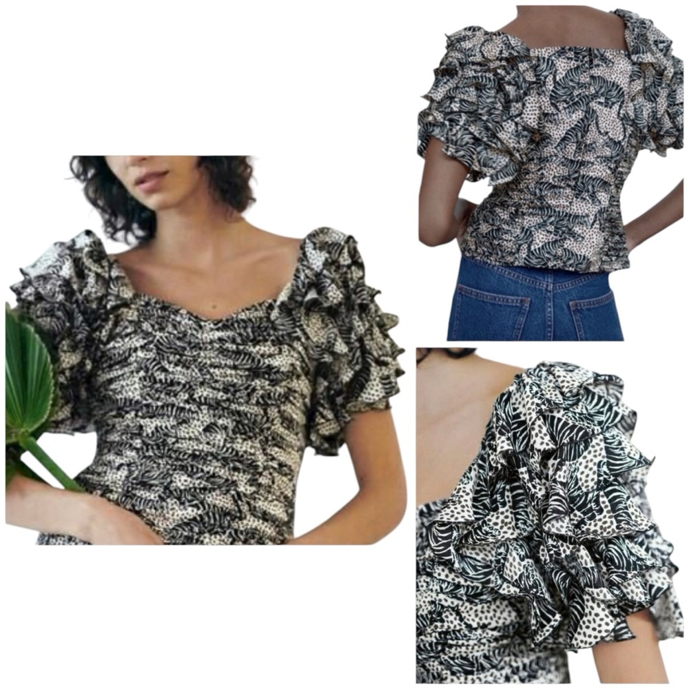 Zara Tiger Print Ruffle Top Size XS